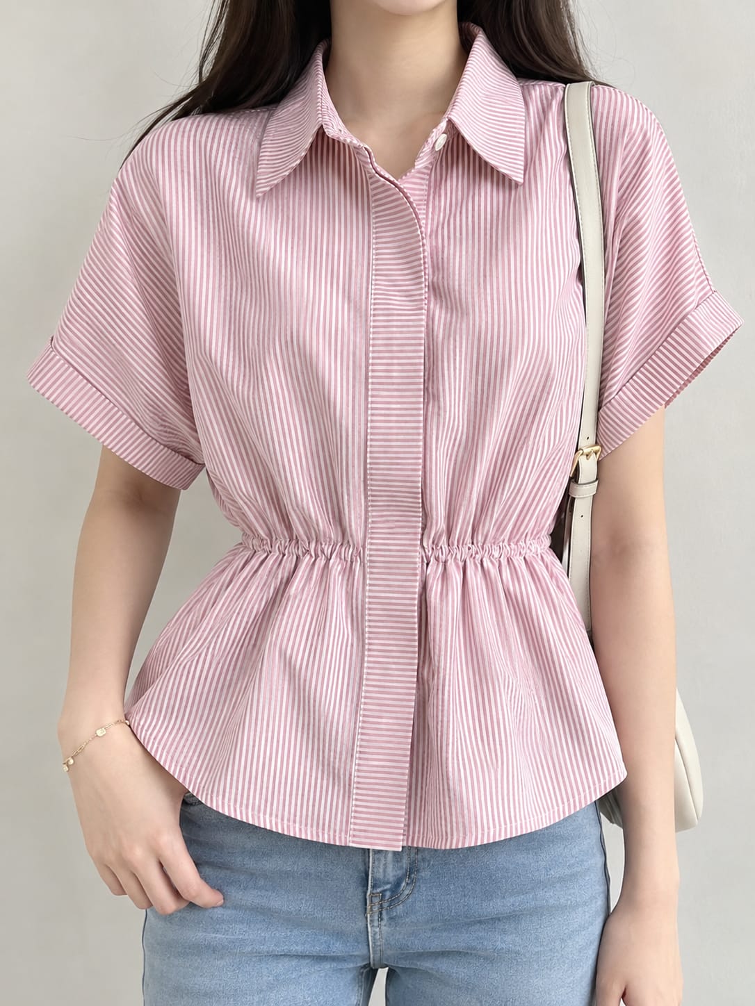 Kemeja Linen Wanita - Motif Bergaris - Soft Pink