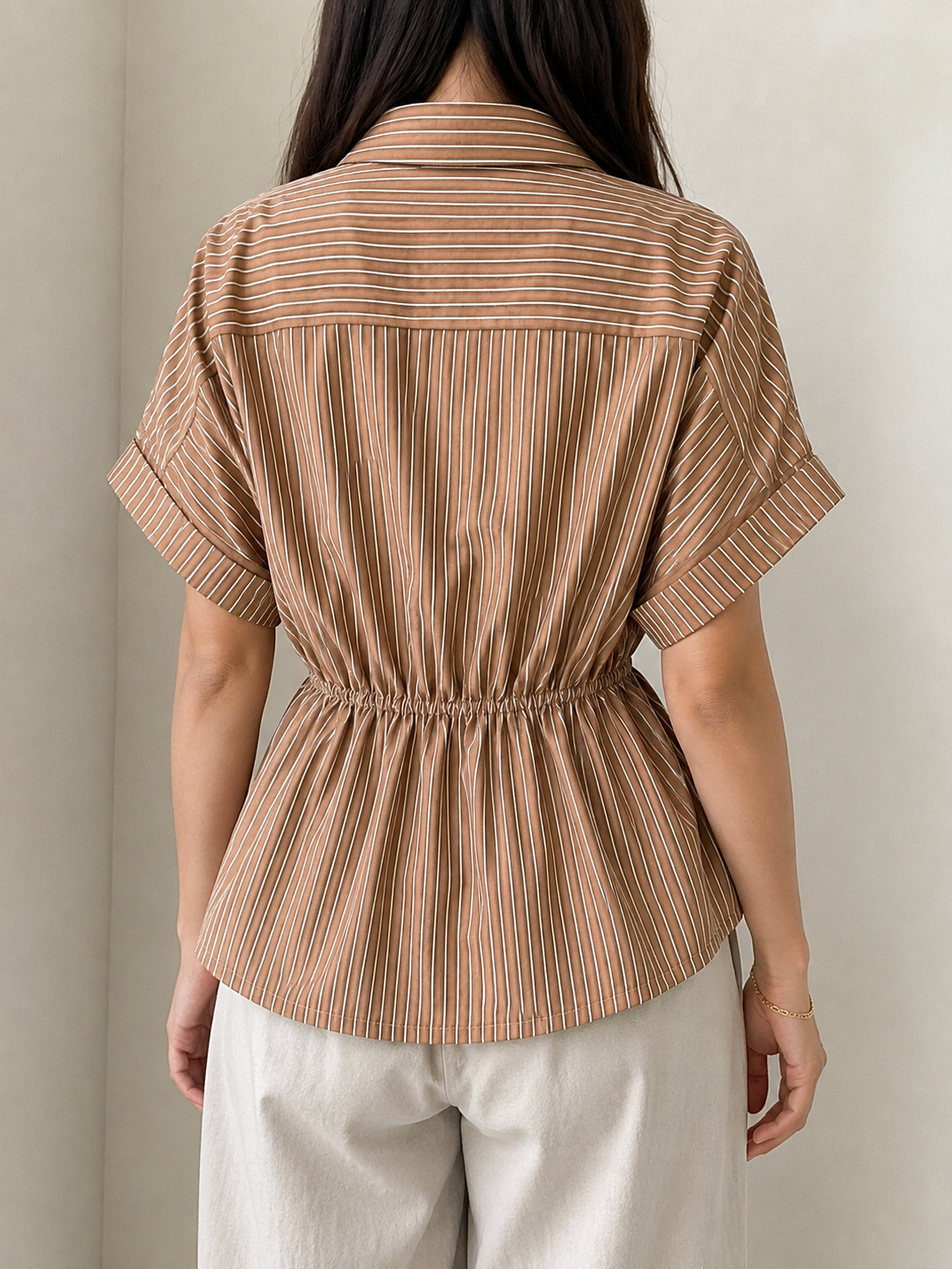Kemeja Linen Wanita - Motif Bergaris - Soft Brown