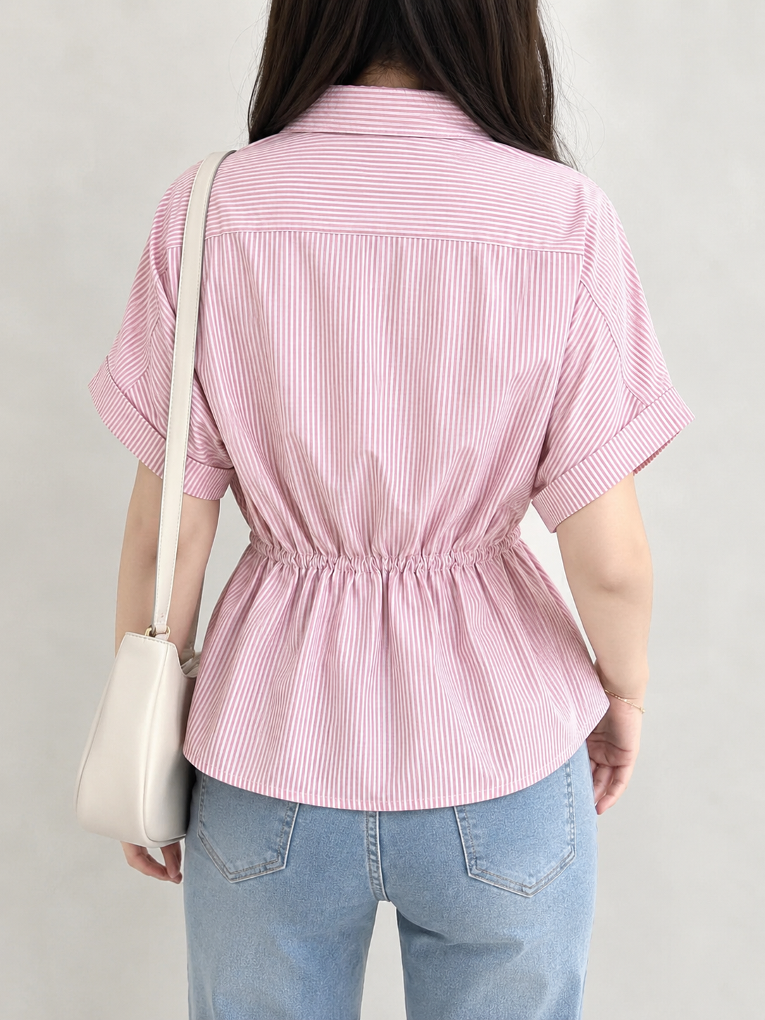 Kemeja Linen Wanita - Motif Bergaris - Soft Pink
