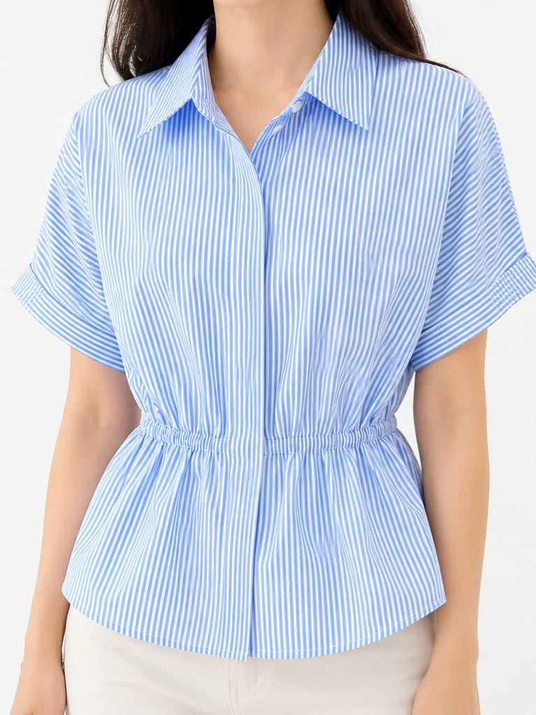 Kemeja Linen Wanita - Motif Bergaris - Soft Blue