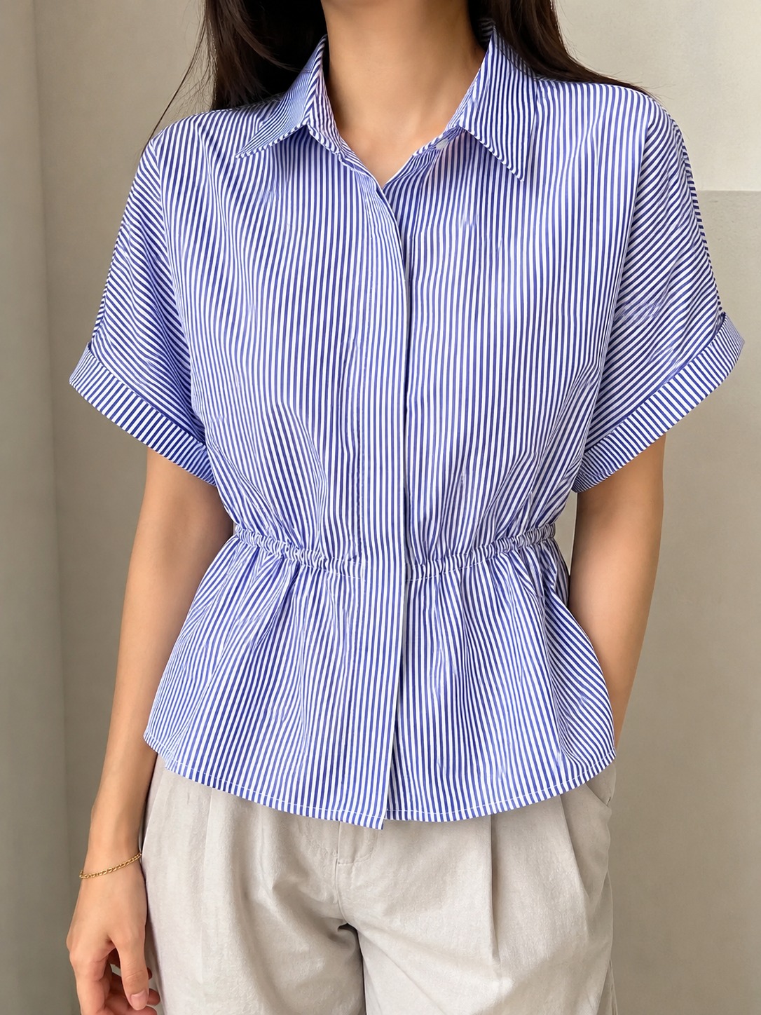 Kemeja Linen Wanita - Motif Bergaris - Blue